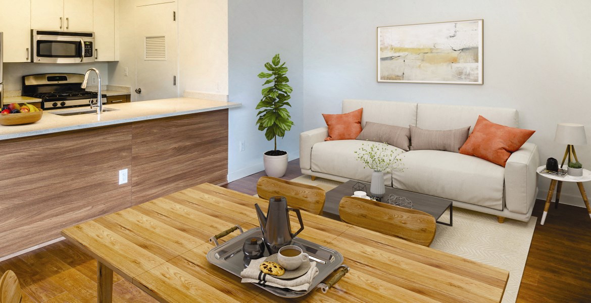 a living room with a couch and a table